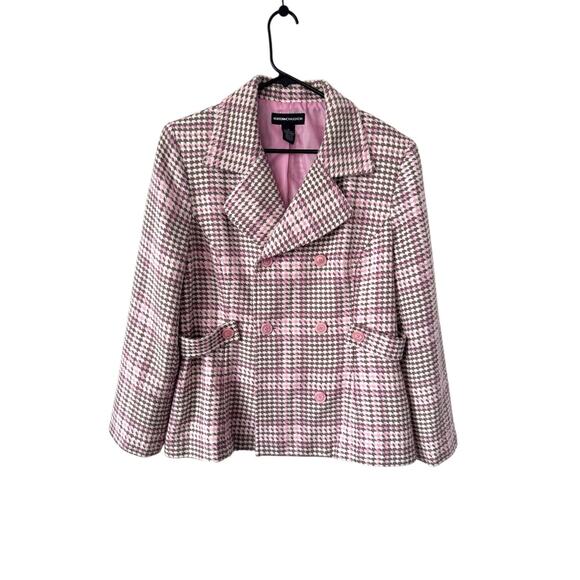 Pink Houndstooth Peacoat Jacket Women’s 14 Double Breasted Retro Y2K Mod - Picture 1 of 10